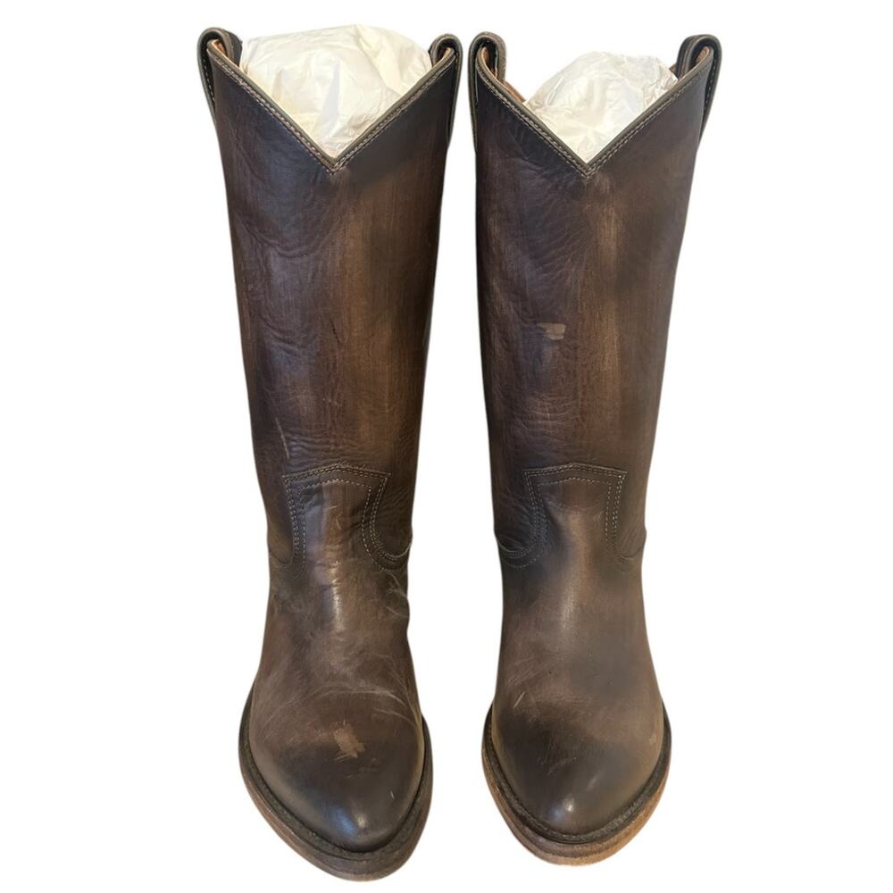 Frye Billy Smoke Gray Brown Leather Mid Calf Pointed Toe Cowgirl Boot 8